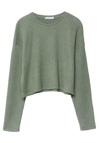 Haut court vert clair côtelé à manches longues avec un col arrondi et des épaules légèrement tombantes. Texture douce, coupe décontractée.