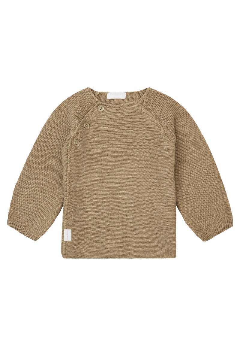 Knit sweater in a light brown hue, featuring a round neckline, long sleeves, side button detail, and a textured ribbed finish.