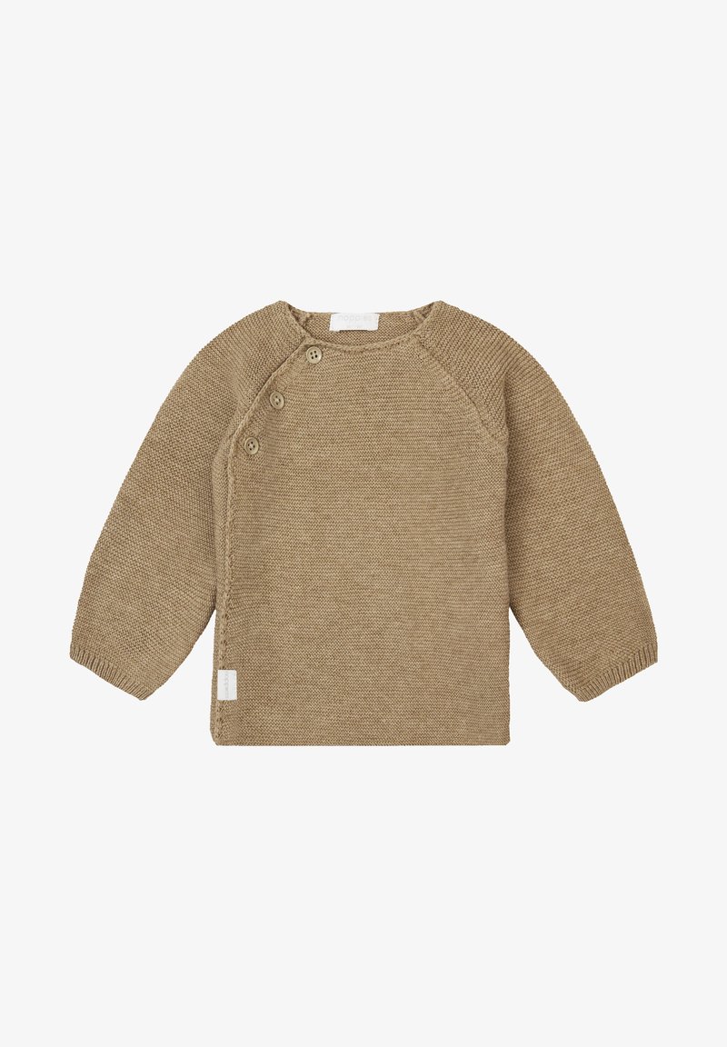Knit sweater in a light brown hue, featuring a round neckline, long sleeves, side button detail, and a textured ribbed finish.