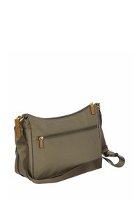 Borsa a tracolla in nylon marrone con superficie testurizzata, tasca frontale con zip e accenti in pelle. Cinghia regolabile per una maggiore versatilità.