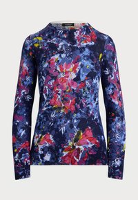 Μπλούζα με μακριά μανίκια σε ναυτικό μπλε χρώμα με floral μοτίβο που περιλαμβάνει ροζ, κόκκινες και κίτρινες λεπτομέρειες. Ριμπ μανίκια και γιακάς. Μαλακό, υφή υλικό.
