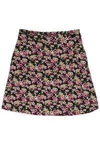 Blumiger Rock mit schwarzem Hintergrund, der ein dichtes Muster aus pinken, weißen und gelben Blumen aufweist; elastischer Bund; ausgestellte Form.