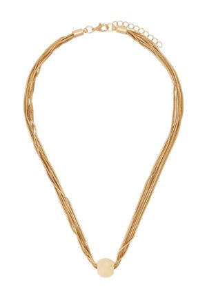 Złocony naszyjnik z wieloma rzędami, z gładkim cylindrycznym wisiorkiem i zapięciem typu karabińczyk z regulowanym łańcuszkiem.