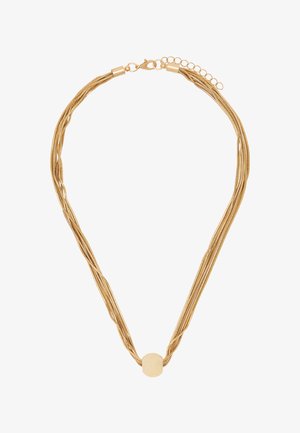 Złocony naszyjnik z wieloma rzędami, z gładkim cylindrycznym wisiorkiem i zapięciem typu karabińczyk z regulowanym łańcuszkiem.