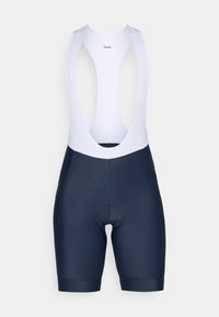 Bib-shorts i marineblå og hvide farver, med en ærmeløs design, elastiske stropper og en polstret sæde for komfort. Glat tekstur og tætsiddende pasform.