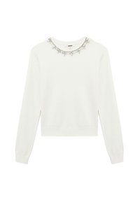 Maglione bianco con maniche lunghe e scollatura rotonda. Presenta un design decorativo con perline e fiori attorno al colletto.