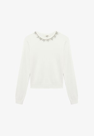 Weißer Pullover mit langen Ärmeln und rundem Ausschnitt. Mit einem dekorativen, mit Perlen und Blumen verzierte Gestaltung um den Kragen.