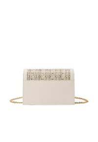 Borsa beige con un flap intrecciato testurizzato, tracolla in catena dorata e fondo liscio. Presenta una forma rettangolare con linee pulite.