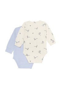 Två långärmade bodysuits: en i ljusblå, den andra i krämfärgad med fågelmönster. Båda är tillverkade av mjuk bomull med tryckknappar i botten.