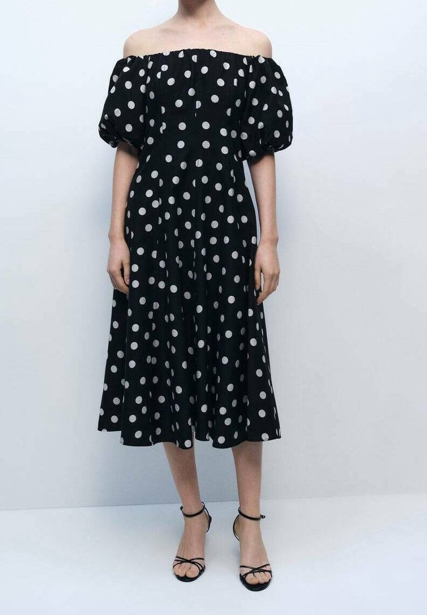 mango flared sleeve polka dot dress Mango Polka Dot Long Sleeve Midi Dress in Black