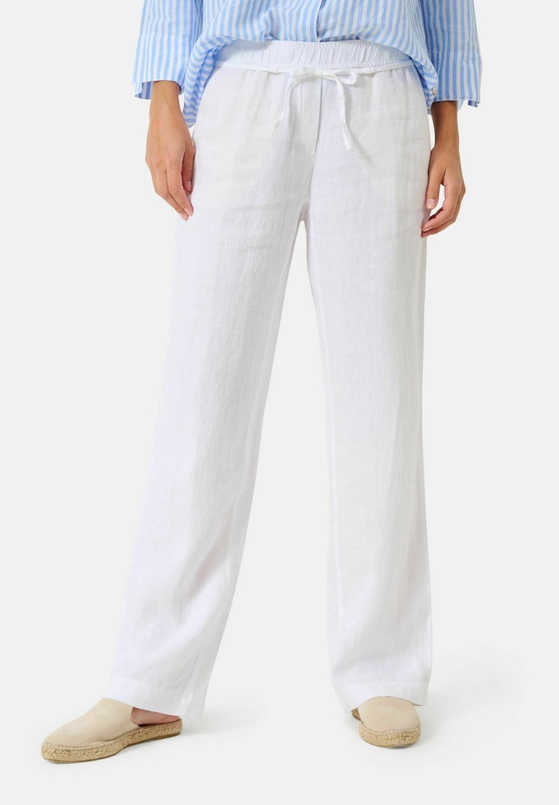 Pantalon large en lin blanc avec une ceinture élastique et un cordon de serrage. Présente une texture légère. Porté avec des espadrilles beiges.