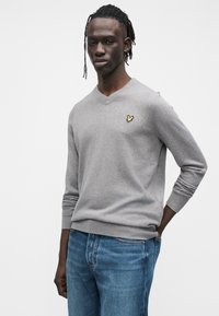 Šedý svetr s výstřihem do V z měkké látky s dlouhými rukávy. Na levé straně hrudi je umístěno malé logo černého a žlutého ptáka. Neformální střih.