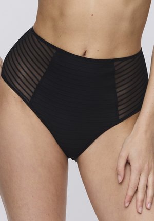 High-waisted black bikini bottom featuring sheer vertical stripes and solid panels, made from stretchy fabric for comfort and fit.