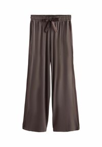Pantaloni largi maro, confecționați dintr-un material neted. Dispun de un tiv elastic cu șnur și buzunare laterale.