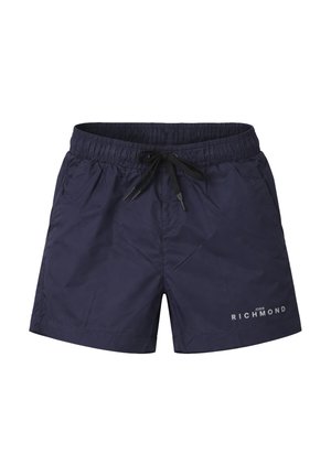 Costume da uomo blu navy con vita elastica, coulisse nera, tasche laterali e logo "John Richmond" sulla gamba sinistra.