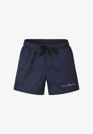 Costume da uomo blu navy con vita elastica, coulisse nera, tasche laterali e logo "John Richmond" sulla gamba sinistra.