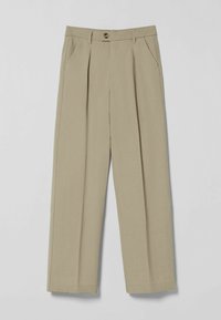 Beige broeken met een hoge taille, plooien, twee zijzakken en een enkele knoopsluiting. Gemaakt van lichtgewicht stof met een gladde textuur.