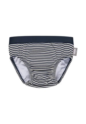 Navy blue and white striped swim diaper with elastic waistband and leg openings, featuring a small fabric tag on the side.