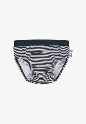 Navy blue and white striped swim diaper with elastic waistband and leg openings, featuring a small fabric tag on the side.