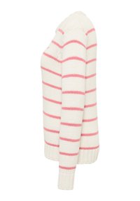 Strickpullover mit rundem Ausschnitt, cremefarbigem Grundton und horizontalen pinken Streifen. Gerippte Bündchen und Saum bieten eine strukturierte Oberfläche.