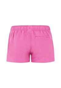 Pantaloni corti in cotone rosa con vita elastica, dotati di una tasca posteriore singola e una texture liscia. Logo del brand stampato vicino alla vita.