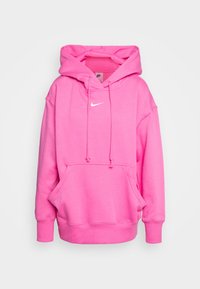 Rosa huvtröja med en framficka, snoddar och en vit Nike-logga på bröstet. Materialet är mjukt, med en avslappnad passform och ribbade ärmmuddar.