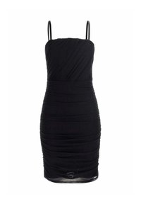 Abito nero aderente con arricciature, sottili spalline a spaghetti e scollo dritto, lunghezza al ginocchio, silhouette attillata su sfondo bianco.