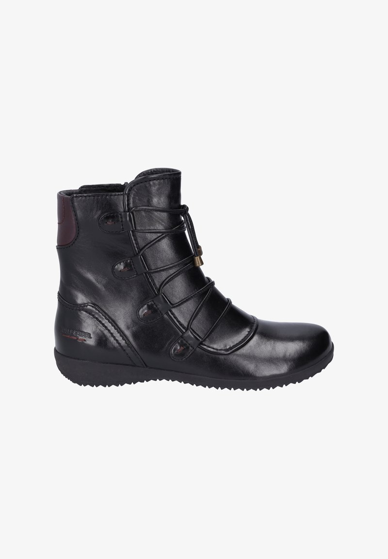 Bottines en cuir noir à finition lisse, avec un bout arrondi, un système de laçage et des accents bordeaux près du talon. Semelle en caoutchouc.
