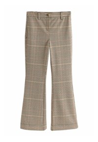 Pantaloni a campana marroni e beige con chiusura a bottone, caratterizzati da un design a scacchi e una texture liscia.
