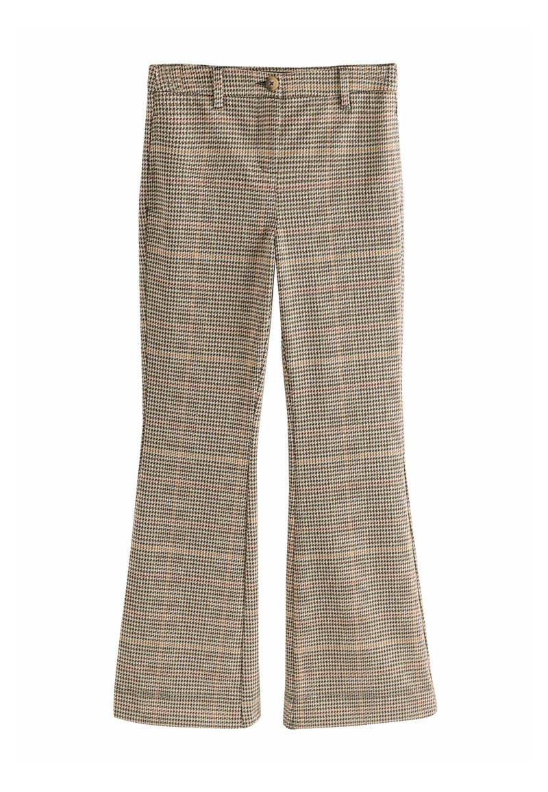 Pantaloni a campana marroni e beige con chiusura a bottone, caratterizzati da un design a scacchi e una texture liscia.