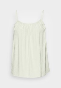 Camisola verde-claro com alças finas ajustáveis, tecido texturizado com riscas verticais e pequenos pontos elevados, corte solto.