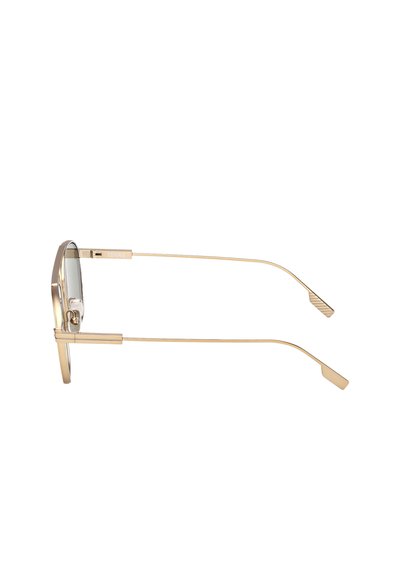 Gold metal-frame eyeglasses with thin arms and transparent lenses, shown from the side, featuring "Zegna" branding on the temple.