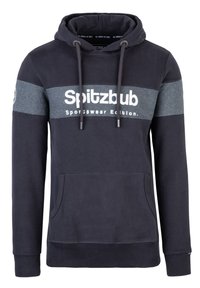 Navy blue hoodie with gray stripe and white text "Spitzbub Sportswear Edition." Features kangaroo pocket and drawstrings. Soft fabric.