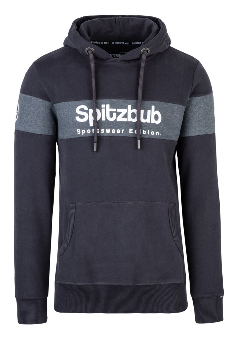 Navy blue hoodie with gray stripe and white text "Spitzbub Sportswear Edition." Features kangaroo pocket and drawstrings. Soft fabric.