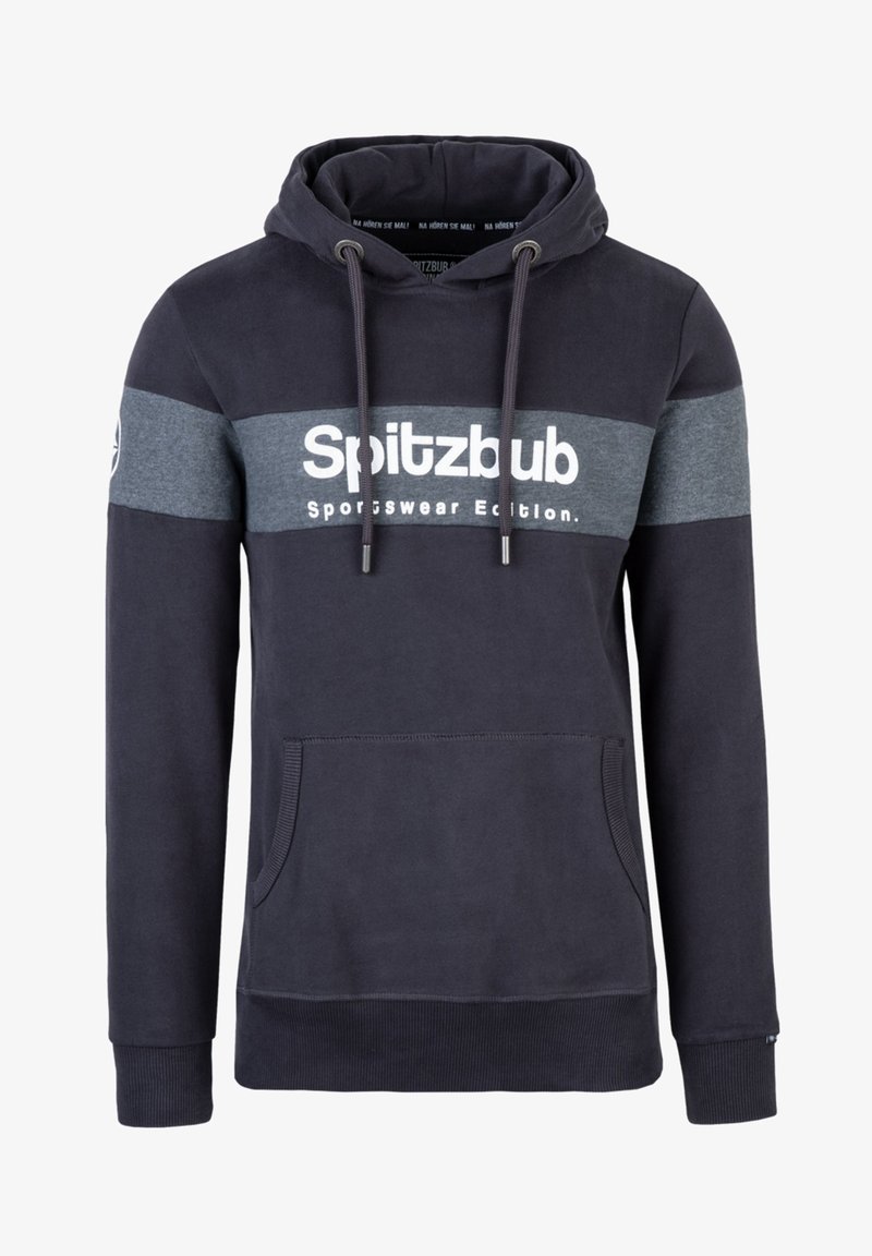 Navy blue hoodie with gray stripe and white text "Spitzbub Sportswear Edition." Features kangaroo pocket and drawstrings. Soft fabric.