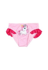 Bas de maillot de bain pour enfants rose avec des accents latéraux froncés en rose vif, présentant un motif de licorne et des embellissements en étoiles sur le devant.