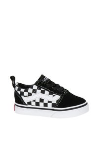 Zapatillas de lona de cuadros en blanco y negro con un logotipo blanco, cordones negros y una suela de goma blanca, que cuentan con un tirador en el talón.