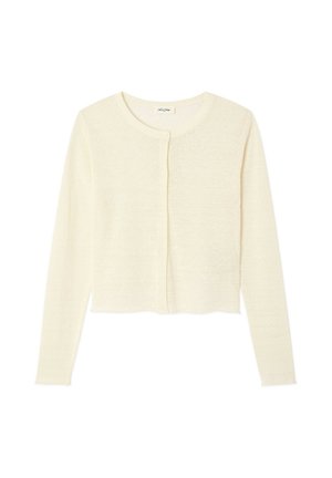 Cremefarvet, langærmet cardigan med knapper, rund halsudskæring og en let cropped længde.