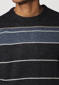Mörkblå randig tröja med horisontella ränder i ljusblått, vitt och beige. Stickad textur med ribbad rundhalsdesign.