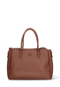 Bruine leren handtas met textuur, voorzien van bovenhandvatten, ritssluiting en een eenvoudige ronde accent. Compacte rechthoekige vorm met minimale details.