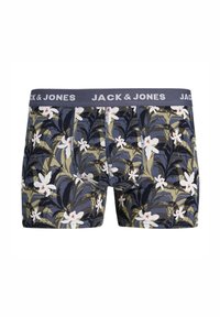 Tamsiai mėlynos boxer trumpikės su balta ir žalia gėlių raštu, su pilku elastingu juosmeniu, kuriame balta spalva išspausdinta "JACK & JONES".