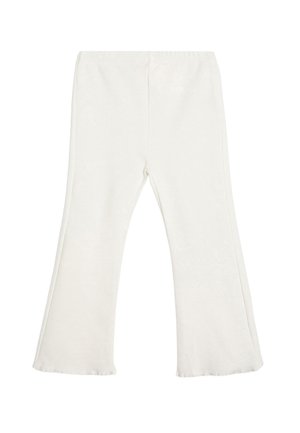 Pantalons évasés blancs en tissu doux et extensible, dotés d'une ceinture élastique et de bords bruts à l'ourlet pour une finition décontractée.