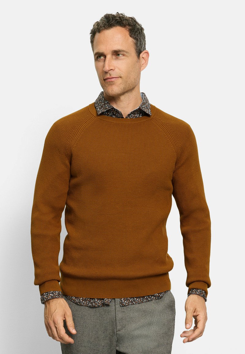 Rustfarbener Strickpullover mit geribbelter Textur, Rundhalsausschnitt und Raglanärmeln, über einem gemusterten Hemd mit Kragen getragen. Graue gemusterte Hose.