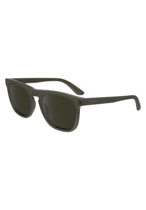 Ochelari de soare rectangulari din plastic în verde măsliniu cu lentile întunecate; prezintă brațe rezistente și un branding subtil pe tâmplă.