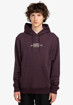 Felpa con cappuccio bordeaux, tasca a marsupio, polsini a costine, cappuccio con cordino e logo bianco che recita "ELEMENT SKATEBOARD CO. WORLD WIDE."