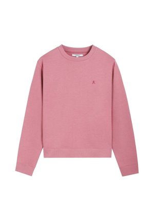 Sudadera rosa con cuello redondo, mangas largas y pequeño logo bordado en el pecho izquierdo, puños y bajo acanalados.