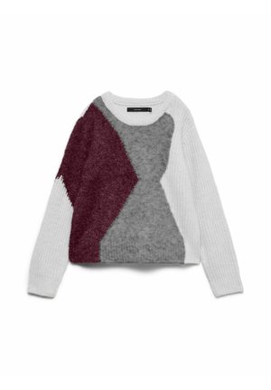 Strickpullover mit rundem Ausschnitt, geometrischem Farbblockdesign in Burgunderrot, Grau und Weiß, mit strukturiertem Finish und gerippten Ärmeln.