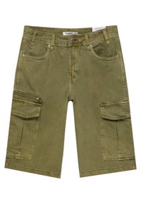 Olive green cargo shorts made of cotton, featuring two front pockets, two side cargo pockets, and a zippered pocket on the left thigh.