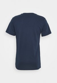 Mörkblå kortärmad T-shirt i bomull, med rundad halsringning och rak nederkant, med en slät yta och inga synliga mönster.