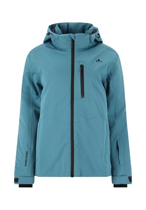 Grønblå vandtæt jakke med høj krave, lommer med lynlås, sorte detaljer og justerbare manchetter. Har et strømlinet, moderne design.